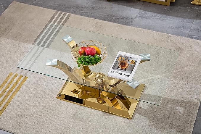 HomVent Modern Glass Coffee Table, with Stainless Steel, Living Room Table for Living Room Bedroom