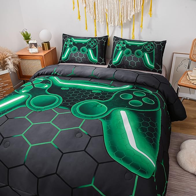 NTBED Game Console Comforter Set for Boys Girls Kids Geometric Lightweight Microfiber Bedding Sets (Green, Twin)