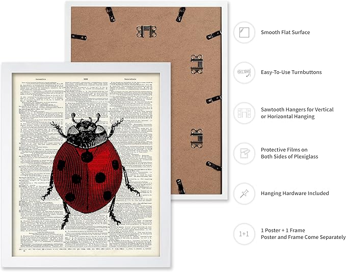 Poster Master Dictionary Art Poster - Retro Ladybug Print - Insect Art - Red Bug Art - Gift for Men, Women & Animal Lover - Minimal Decor for Living Room & Kid's Room, 8x10 White Framed