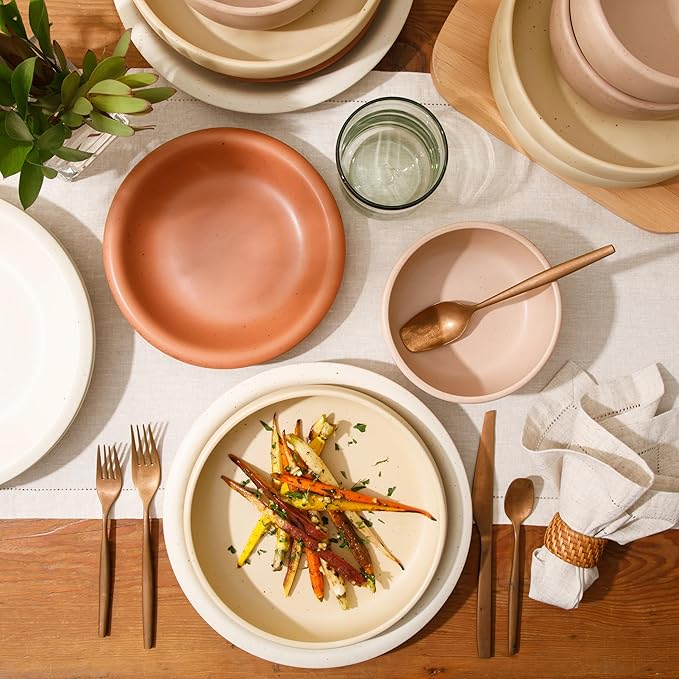Bloomhouse Corsica Clay 16 Piece Stoneware Rustic Reactive Glaze Dinnerware Set - Stackable Plates and Bowls Set. Service for 4 - Matte Assorted Colors