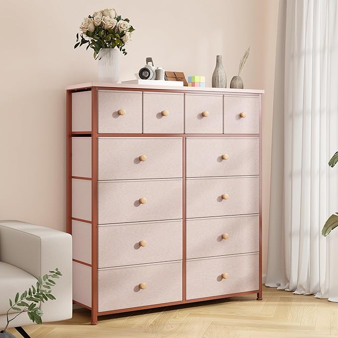Dresser for Bedroom with 12 Drawers Tall Dressers for Bedroom Fabric Dressers & Chest of Drawers with Sturdy Metal Frame, Wood Top, for Woman, Closet, 40.6" W x 11.8" D x 44.5" H (Pink)