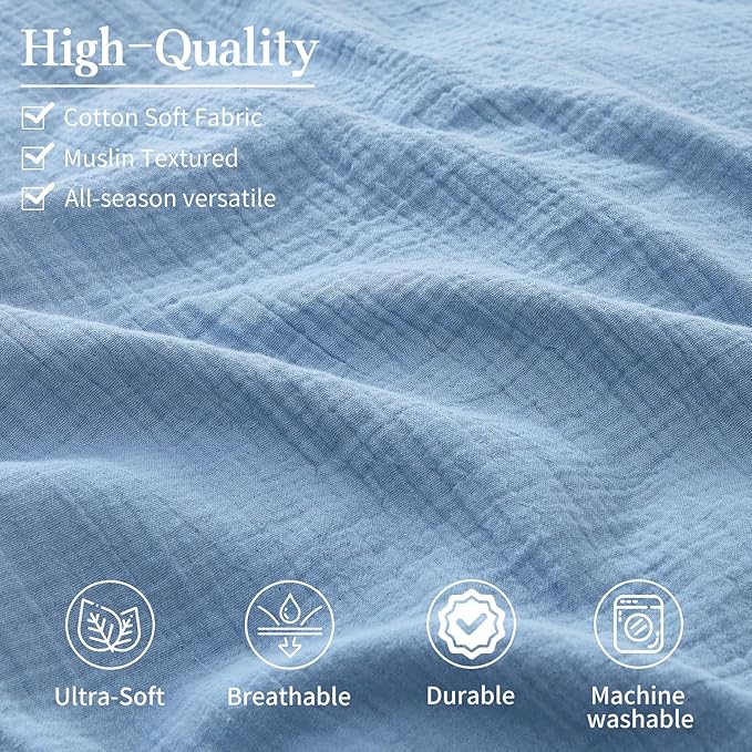 MEISHANG Muslin Duvet Cover Queen Size - 100% Organic Cotton, Soft Textured Gauze Weave Comforter Cover for Breathable All-Season with Zipper Closure - 3 Piece Set (Queen, Smoky Blue)