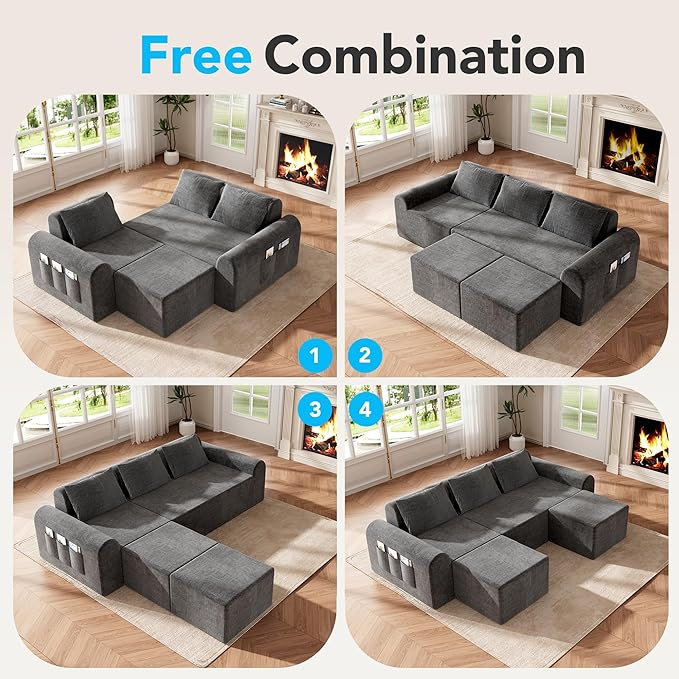86.6” Cloud Boneless Sectional Sofa for Living Room, 3-Seater Modular Couch for Small Apartments with 2 Ottomans, Deep Seat Chenille Fabric Sofa, No Assembly Required, 72H Full Restore, Grey