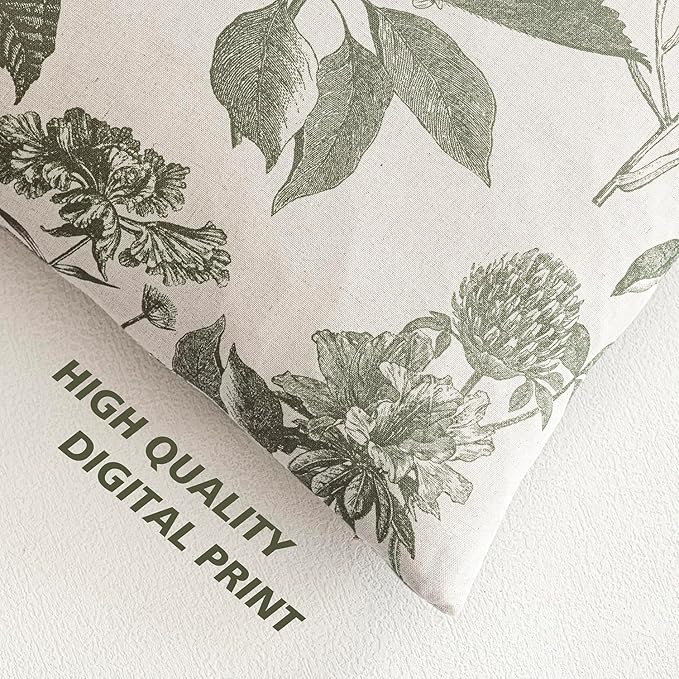 Foindtower Set of 2 Linen Floral Vintage Throw Pillow Covers Neutral Accent Print Decorative Cushion Covers Farmhouse Home Decor for Sofa Chair Couch Bedroom Living Room Outdoor,18×18 Inch,Sage Green