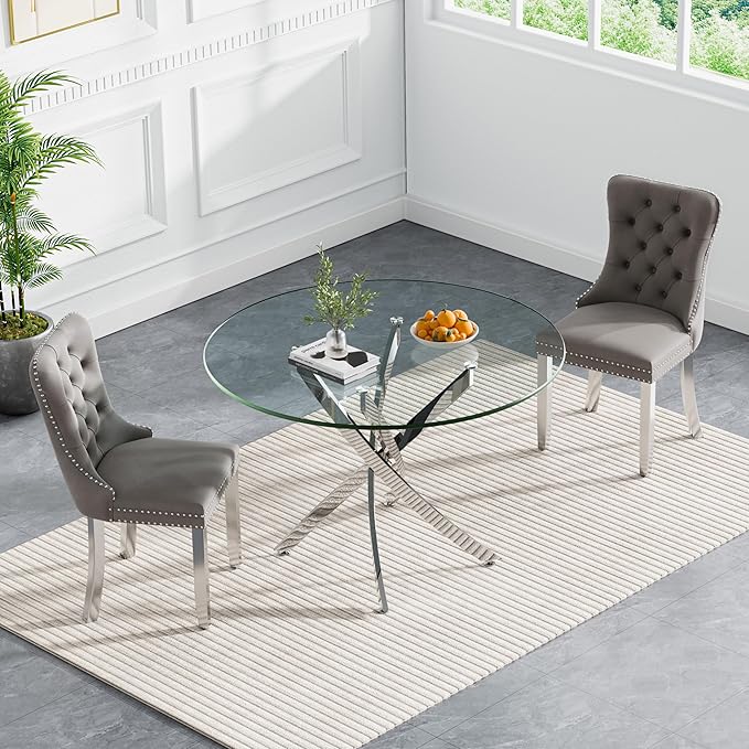 Goujxcy 3 Piece Round Glass Dining Table Set for 2, 36" Round Dining Table & Chair Set Modern Circle Glass Kitchen Table and 2 Velvet Upholstered Chairs for Kitchen Dining (Silver Table & Grey Chair)