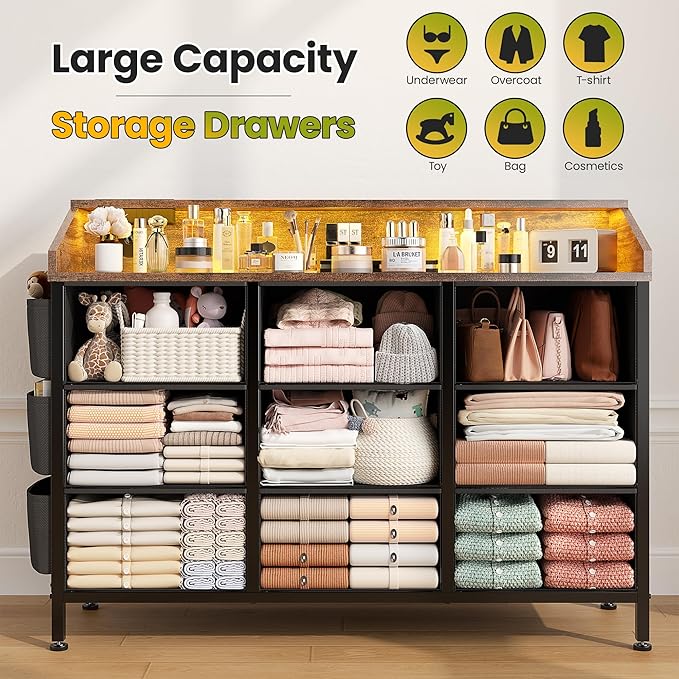 Lulive Brown Dresser for Bedroom 9 Drawers - Fabric Dressers for Bedroom with LED Light & Charging Station