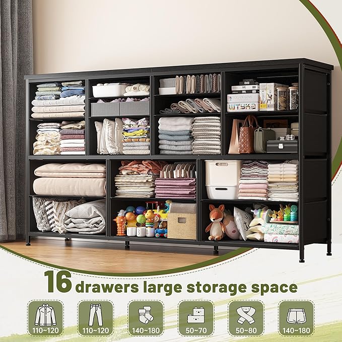 EnHomee Dressser for Bedroom Dresser with 16 Drawers TV Stand for Bedroom for 60" TV Long Dressers & Chests of Drawers Large Dresser with Charging Station, 51.5" W*11.7" D*34.6" H, Grey