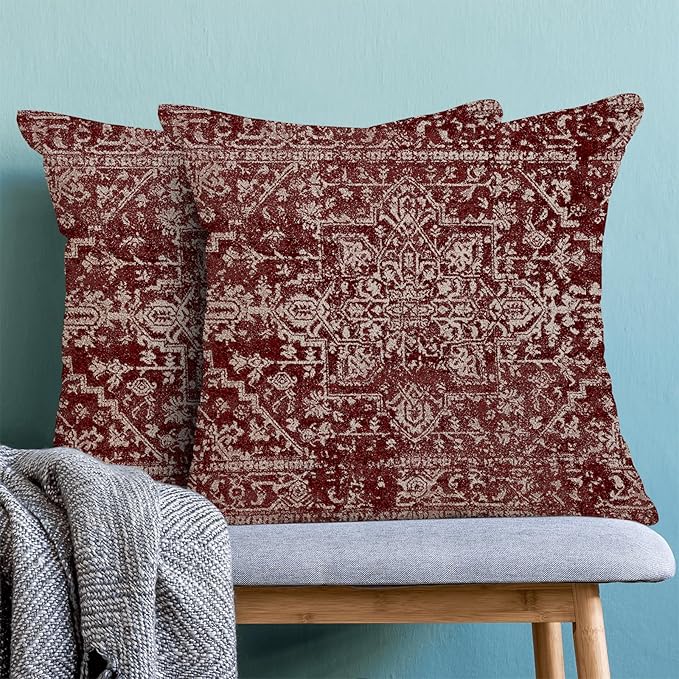 Boho Throw Pillow Covers 18x18 Inch Set of 2, Carpet Pattern Wine Red Decorative Throw Pillow Covers Christmas Burgandy Red Linen Outdoor Cushion Cover for Sofa Couch Farmhouse Room Bed Decor