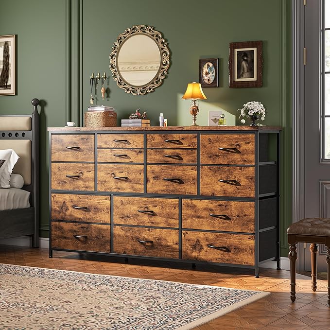 Dresser for Bedroom with 16 Fabric Drawers Long Dresser with Charging Station TV Stand for 60" TV Dressers & Chest of Drawers for Bedroom, Living Room, Closet, Rustic Brown