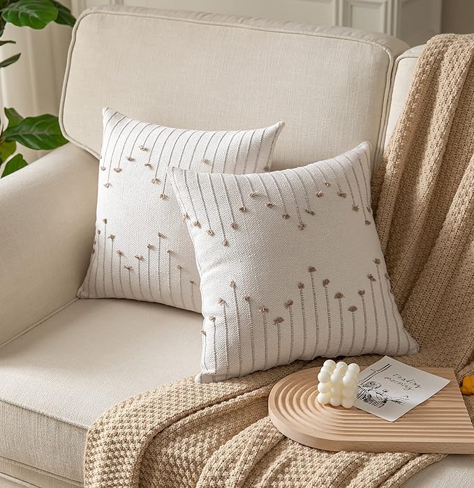 Boho Throw Pillow Covers 18x18 Set of 2 Decorative Pillows for Bed, Neutral Pillow Covers Beige with Tan Line Throw Pillows for Modern Farmhouse Couch Sofa Living Room Outdoor