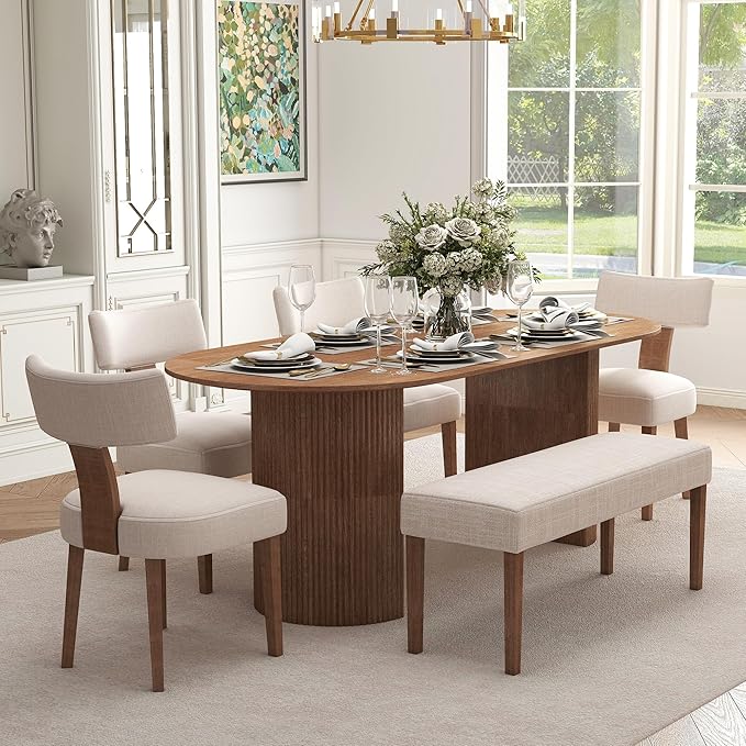Farmhouse Upholstered Dining Bench Seat, 45" Linen Entryway Bench with Natural Wood Legs, Mid Century Modern End of Bed Bench for Kitchen Bedroom Living Room Hallway, for 2-3 Person, Beige