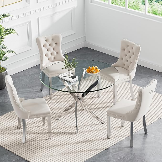 Goujxcy 5 Piece Round Glass Dining Table Set for 4, 36" Round Dining Table & Chair Set Modern Circle Glass Kitchen Table and 4 Velvet Upholstered Chairs for Kitchen Dining (Silver Table & Beige Chair)