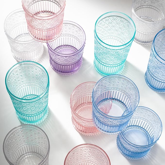 Godinger Highball Drinking Glasses, Acrylic Drinking Glasses Set, Elegant Tall Plastic Cups, Vintage Romantic Decor - Set of 4, Blue