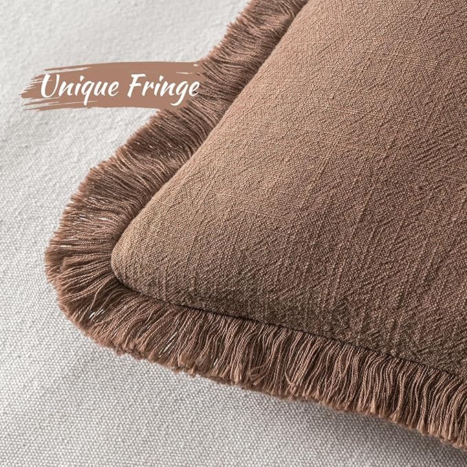 MIULEE Decorative Throw Pillow Covers Neutral Linen Fringe Throw Pillows Set of 2 Dark Coffee Boho Farmhouse Cushion Covers with Tassels for Couch Sofa Bed Living Room Spring Home Decor 20x20 Inch
