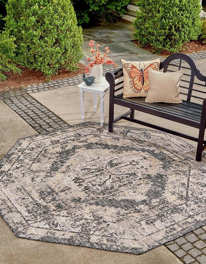 Unique Loom Outdoor Traditional Collection Area Rug - Valeria (7' 10" Octagon, Charcoal/ Natural)