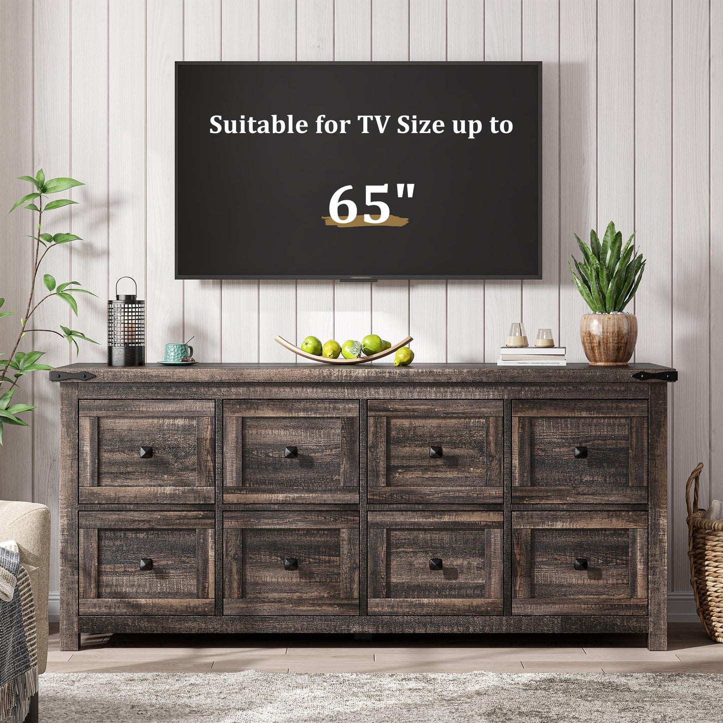 Romorgniz Farmhouse Dresser Dark Oak with 8 Drawers,Wood,Wide,Long,TV Stand for Bedroom Entryway Hallway