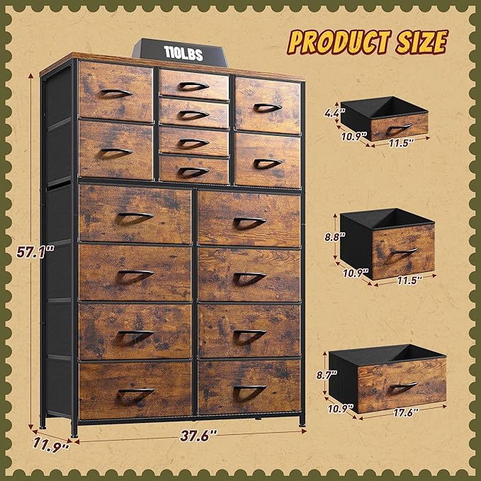 57“H Tall Dresser for Bedroom with 16 Drawers,Fabric Dressers & Chests of Drawers for Bedroom,Large Dresser for Closet,Sturdy Metal Frame & Wood Top,Entryway, Hallway(Rustic Brown)