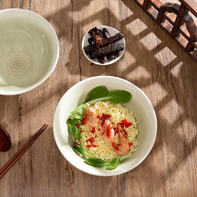 8 Inch Ceramic Ramen Bowl Set of 2, 40oz Japanese Bowls with Spoons & Chopsticks,Durable,Microwave & Dishwasher Safe,Perfect for Ramen,Pho,Salad,Soup,Noodles，Mixing bowls（Verdant）