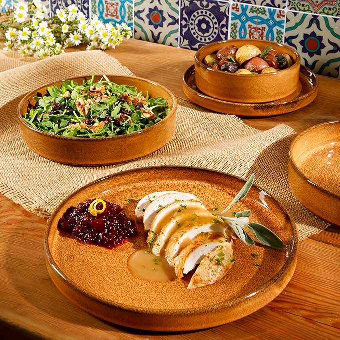 Bloomhouse Santorini Mist Double Bowl Terracotta Reactive Glaze Plates and Bowls Dinnerware Set - Amber, Service for Four (16pcs)