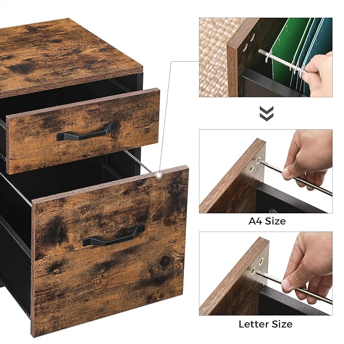VASAGLE 2 Drawers File Cabinet for Home Office, Printer Stand with Wheels, for A4, Letter Sized Documents, Hanging File Folders, Rustic Brown and Ink Black UOFC042B01V1