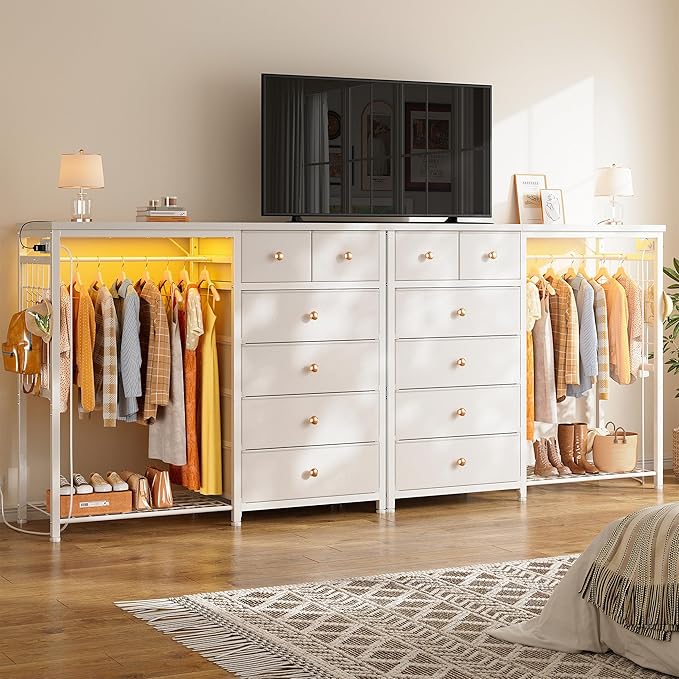 EnHomee 49.2" W White Dresser for Bedroom with Hanging Rack, 6 Drawers Dresser with LED Lights & Charging Station, Fabric Dressers & Chest of Drawers with Clothes Rack, Wooden Top, Grid Panel, Closet