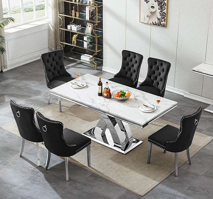 Goujxcy 68" Marble Dining Table Set for 6, Modern Rectangle Dining Room Table Set for 6, Luxury White Silver Marble Kitchen Table and Chairs Set of 6 for Living Room,Kitchen