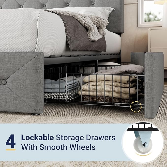 Allewie Upholstered Queen Size Platform Bed Frame with 4 Storage Drawers and Headboard, Diamond Stitched Button Tufted Mattress Foundation with Wooden Slats Support, Light Grey