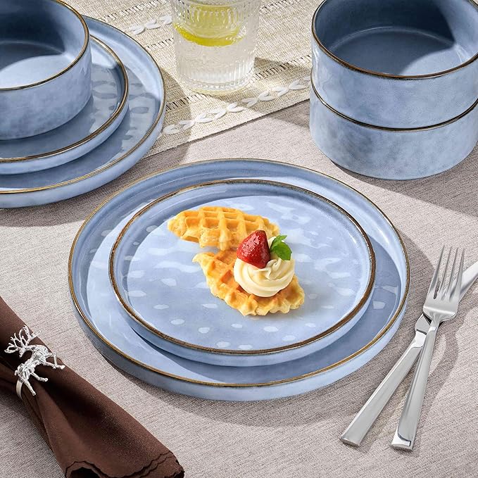 Herogo 12 Pieces Dinnerware Sets for 4, Ceramic Serving Dishes Sets, Stoneware Plates and Bowls for Kitchen Dinning, Dishwasher & Microwave Safe, Haze Blue