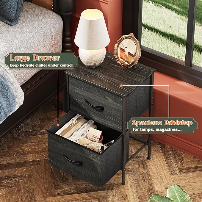 WLIVE Nightstand Set of 2, 2 Drawer Dresser for Bedroom, Small Dresser with 2 Drawers, Bedside Furniture, Night Stand, End Table for Bedroom, Dorm, Charcoal Black Wood Grain Print, Size L