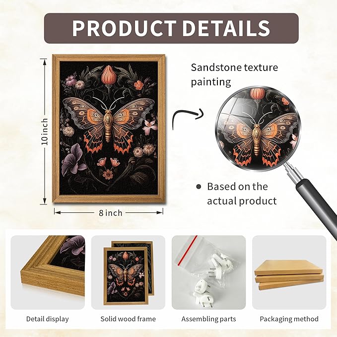 Framed Vintage 3D Textured Wall Art - Gothic Butterfly Wall Decor - Hand Drawn Sandstone Nature Botanical Pictures for Living Room Bedroom Home Decor 8x10in
