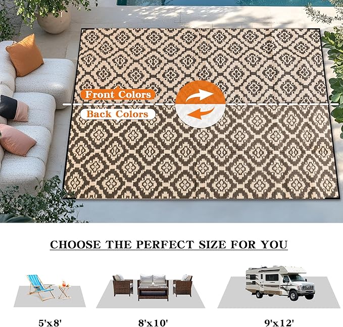 Wallona Outdoor Rugs 8x10 ft Patio Waterproof Clearance Indoor Outdoor Large Carpet for Patio Plastic Straw Reversible Area Rugs Mat for RV, Camping, Balcony, Beach, Picnic, Porch, Brick Black & Beige
