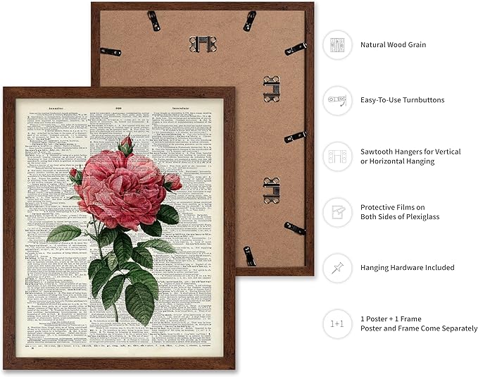 Poster Master Dictionary Art Poster - Pink Roses Print - Flower Art - Floral Art - Gift for Him, Her & Florist - Minimal Decor for Living Room, Bedroom, Dorm or Flower Shop, 16x20 Brown Framed