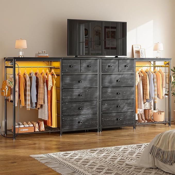 EnHomee 49.2" W Dresser for Bedroom with Hanging Rack 6 Drawers Dresser with LED Lights & Charging Station, Fabric Dressers & Chest of Drawers with Clothes Rack, Wooden Top, Grid Panel, Closet, Black