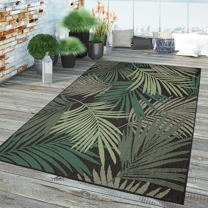 Indoor & Outdoor Rug Flat-Weave Jungle Floral Palm Trees Design Black Green, Size: 6'7" x 9'6"