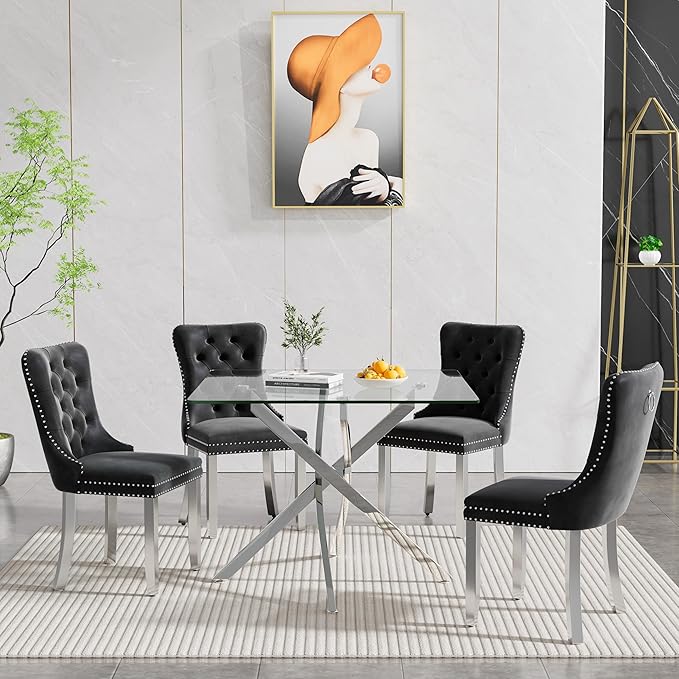 Goujxcy Glass Dining Table Set for 4, Modern Kitchen Table and Chairs Set of 4, 5-Piece Kitchen Dining Room Table Set w/36 Square Silver Glass Dining Table and 4 Black Velvet Upholstered Chairs