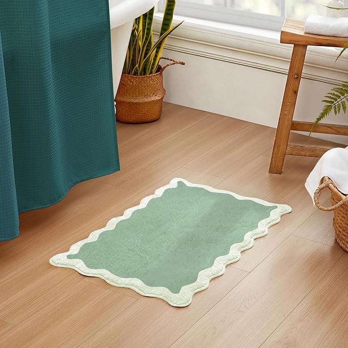 MONDAY MOOSE Bath Mat with Scalloped Wavy Ripple Design, Microfiber Absorbent Non Slip Tufted Rug for Floor, Shower or Kitchen (20x32 inch, Sage)