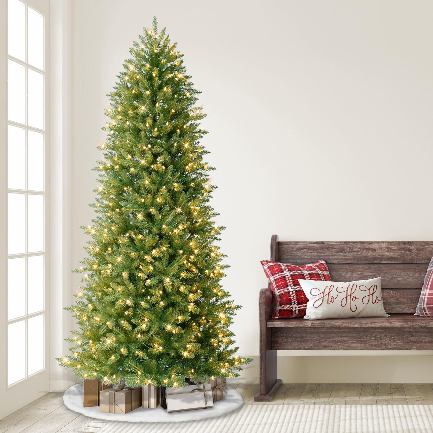 Puleo International 7.5ft Pre-Lit Slim Fraser Christmas Tree with 600 Clear Lights, 1347 Realistic Dense Branch Tips, Easy Setup Artificial Trees with Sturdy Metal Stand
