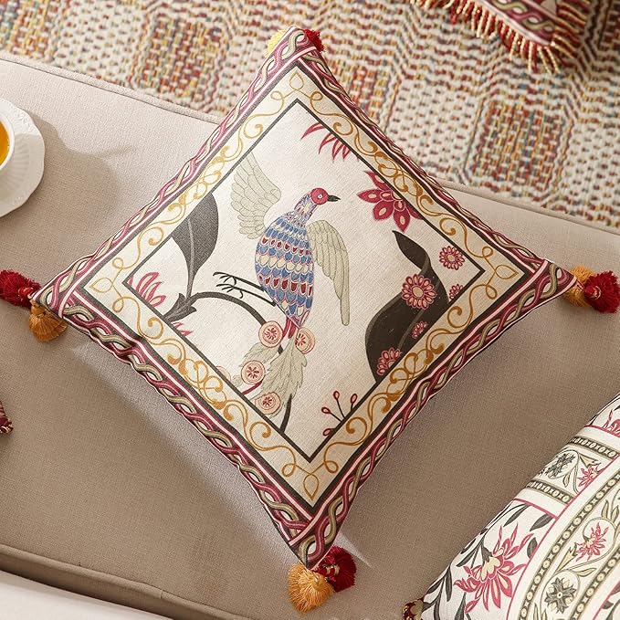 patdrea Designer Throw Pillow Cover 18"x18",Vintage Bird and Floral Pattern Linen Pillows Cover with Red and Yellow Pendant Charms,Square Decorative Pillowcases for Living Room Outdoor,Set of 2