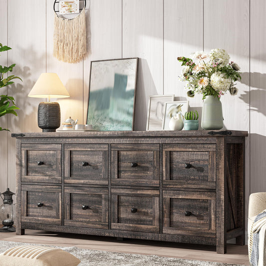 Romorgniz Farmhouse Dresser Dark Oak with 8 Drawers,Wood,Wide,Long,TV Stand for Bedroom Entryway Hallway