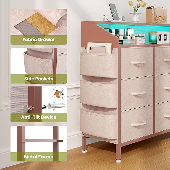 Lulive Dresser TV Stand for Bedroom with 9 Drawers - Chest of Drawers with LED Light & Charging Station - Living Room Hallway Closet Nursery (Pink)