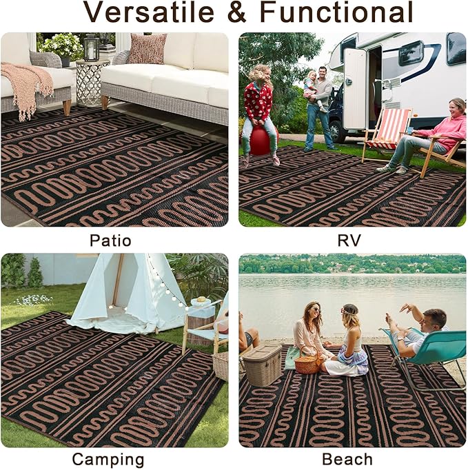 Beeiva Outdoor Area Rug, 6x9 Large Outdoor Rug Waterproof, Reversible Plastic Indoor Outdoor Rug for Deck, Balcony, Backyard, Porch, Camping, Picnic - Black/Brown