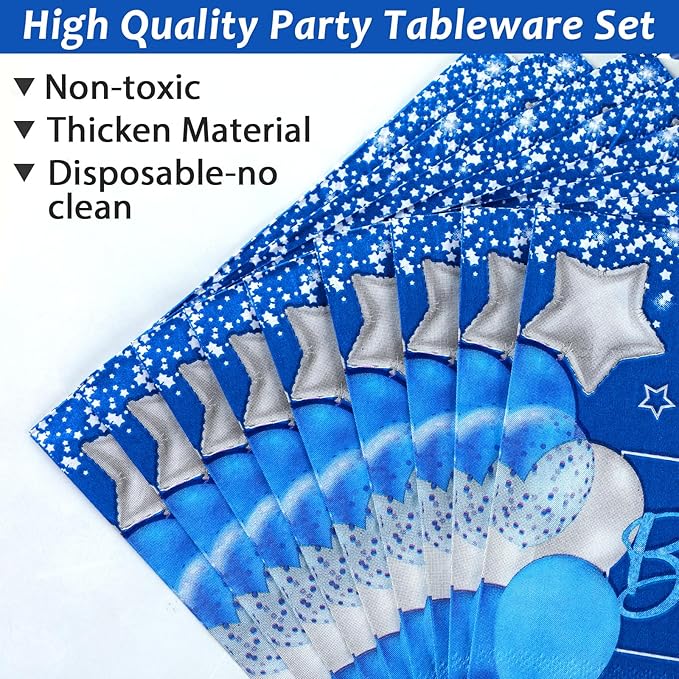 96 Pcs Boy 1st Birthday Party Plates Napkins Tableware Set Blue One Year Old Supplies Disposable Dinnerware Baby Boy 1st Birthday Party Decoration Favors for Baby First Birthday Supplies, 24 Guests
