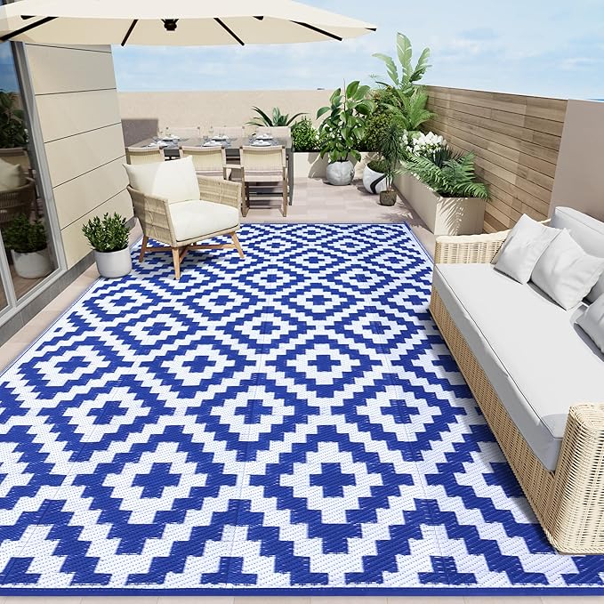 OLANLY Waterproof Outdoor Rug 9x18 ft, Outdoor Plastic Straw Rug for Camping, RV Mat Outside, Outdoor Carpet for Porch, Deck, Backyard, Balcony, Picnic, Blue & White