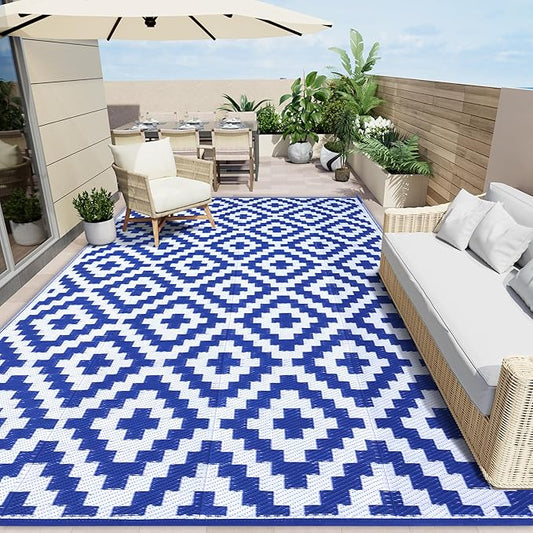 OLANLY Waterproof Outdoor Rug 10x14 ft, Outdoor Plastic Straw Rug for Camping, RV Mat Outside, Outdoor Carpet for Porch, Deck, Backyard, Balcony, Picnic, Blue & White