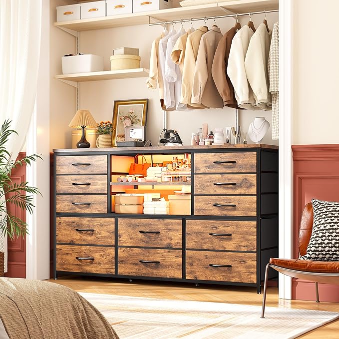 Dresser with LED Lights & Power Outlets, 12 Drawers Dresser TV Stand for 60''TV for Bedroom Fabric Dressers & Chest of Drawers, Sturdy Metal Frame for Closet, Living Room,Hallway, Rustic Brown