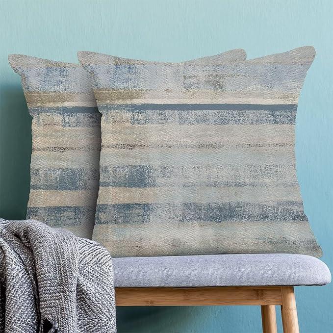 Boho Blue Grey Stripe Throw Pillow Covers 20x20 Inch Set of 2, Rustic Abstract Decorative Throw Pillow Covers Retro Stripe Linen Outdoor Cushion Cover for Sofa Couch Farmhouse Room Bed Decor