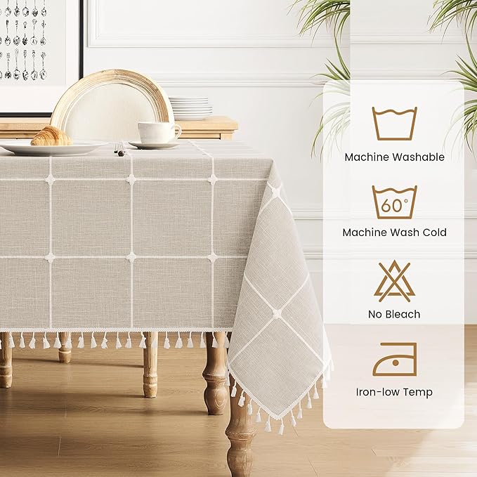 puredown® Plaid Rectangle Tablecloth, Waterproof Cotton Linen Tablecloth with Tassel, Rustic Farmhouse Table Cloths for Kitchen Dining Outdoor, 55"x120",10-12 Seats, Coffee