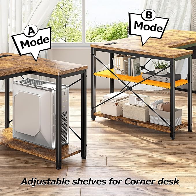 EnHomee 48 Inch L Shaped Gaming Desk, Computer Desk with Storage Shelves & Side Bag, Office Desk with Power Outlets, Small Corner Desk for Small Space Home Office Bedroom, Study Writing Table, Brown