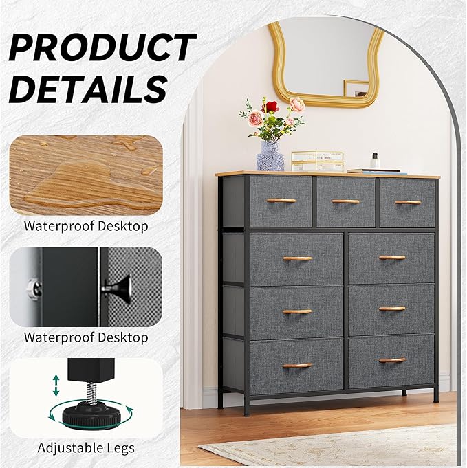 YITAHOME Dresser for Bedroom with 9 Drawers, Fabric Storage Dresser, Closet & Chest of Drawers for Living Room, Closets - Sturdy Steel Frame, Wooden Top & Easy Pull Fabric Bins(Dark Grey)
