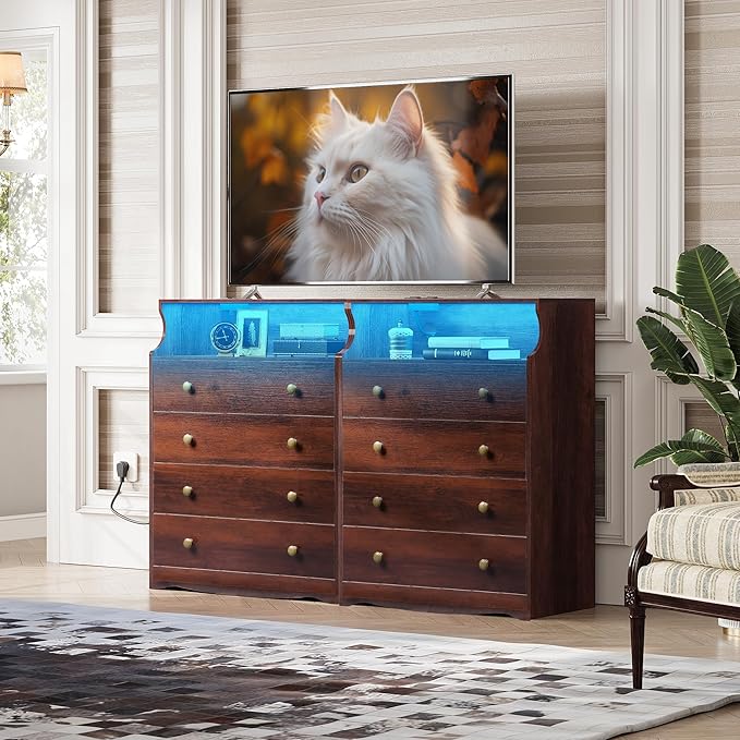 WLIVE Brown Dresser for Bedroom, Tall Wood Dresser with 4 Drawers and Open Shelf, LED Chest of Drawers with Charging Station and LED Lights for Living Room, Hallway, Closet, Rustic Brown